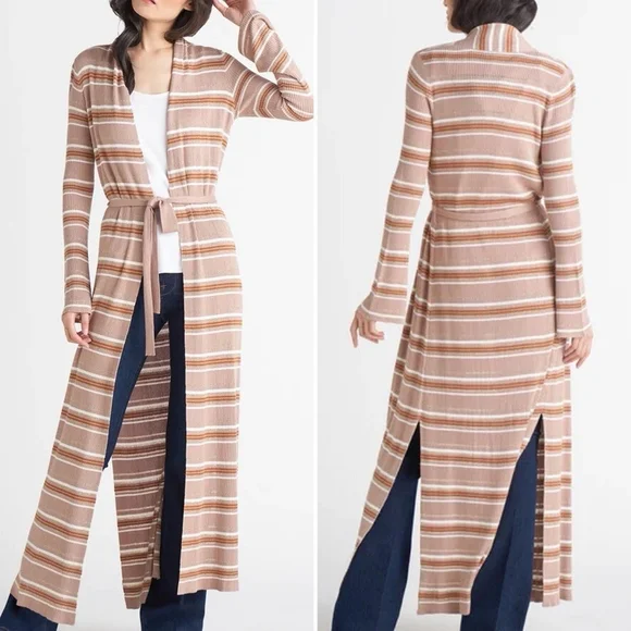 Striped Tan Long Belted Cardigan - Picture 2 of 11